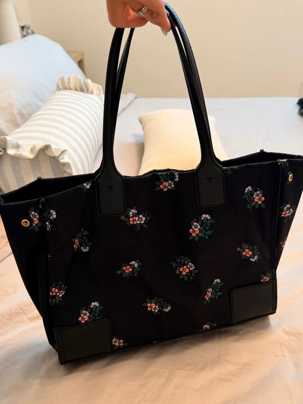 Tory Burch Black Floral Logo Tote